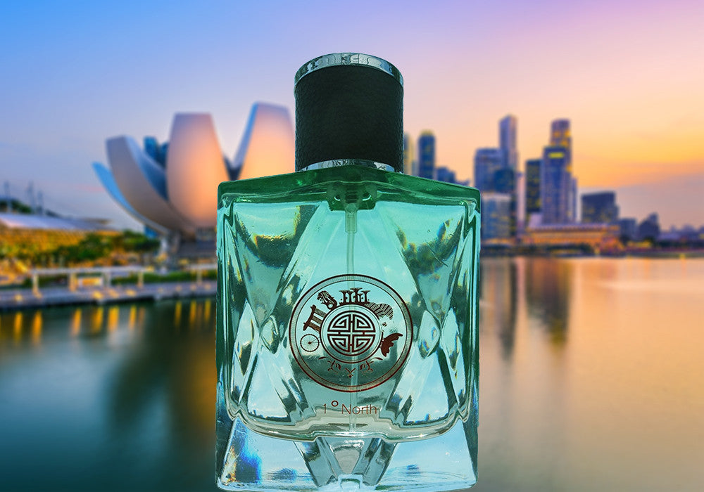 Singapore Orchid Perfume Collections with art and science museum, marina bay sands in singapore in the background.