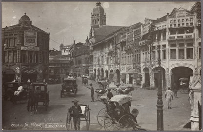 an old picture of singapore with rikshaw and european looking buildings