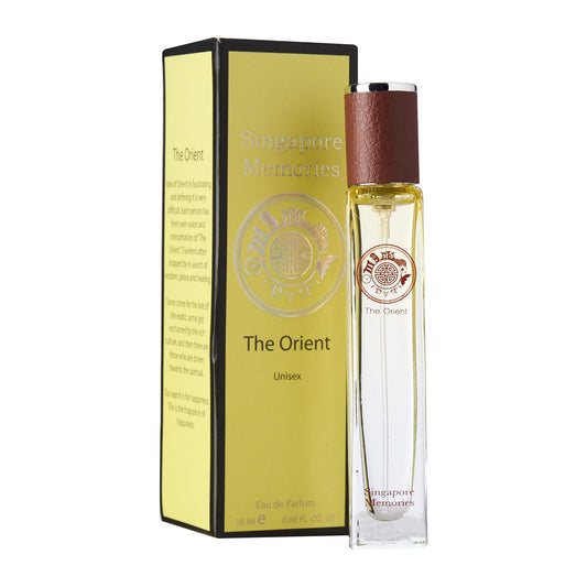 Singapore memories Perfume Collection in yellow color bottle and a bright yellow goft box stating the orient and singapore memories text in silver color.