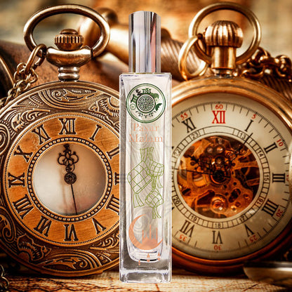 pasar malam room fragrance in front of two antique watches