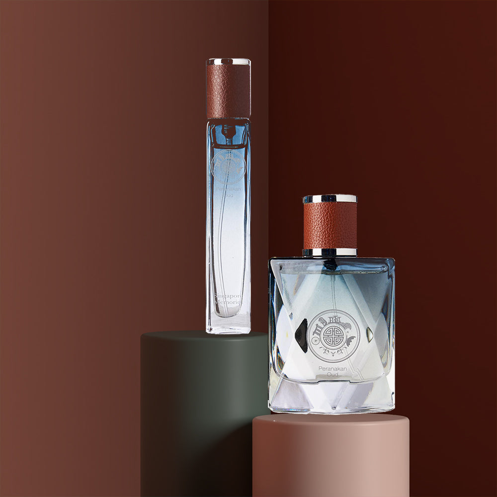 peranakan oud Perfume Collections larger black and white bottle with leather cap in front and smaller travel size in background