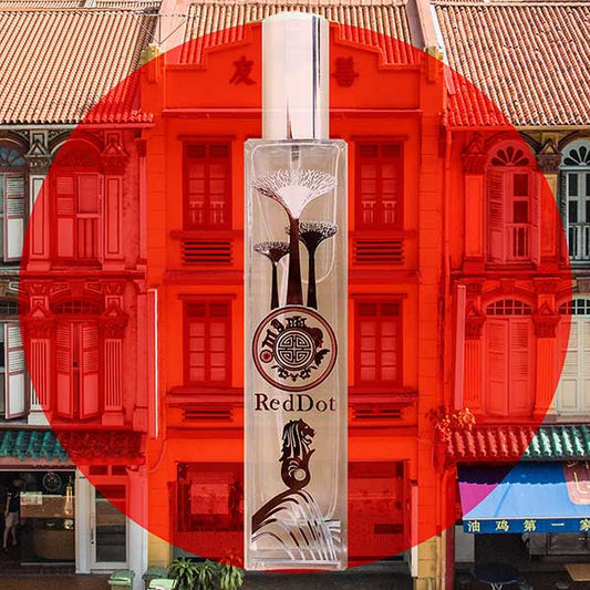 RedDot perfume bottle with a red circular overlay on a background of traditional buildings.