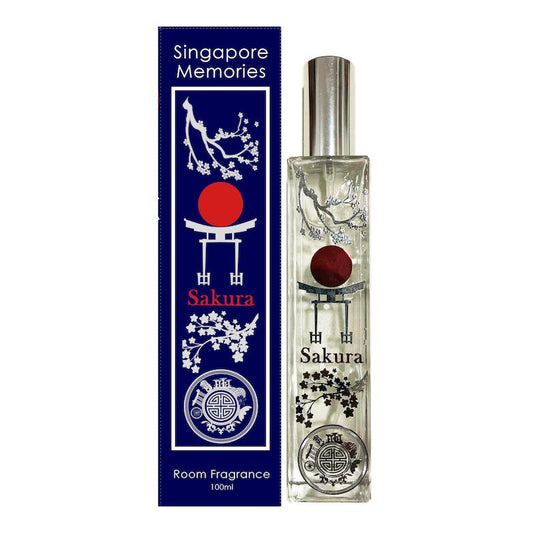 sakura perfume bottle with japan door, sakura decoration, next to a blue gift box with similar design on white background