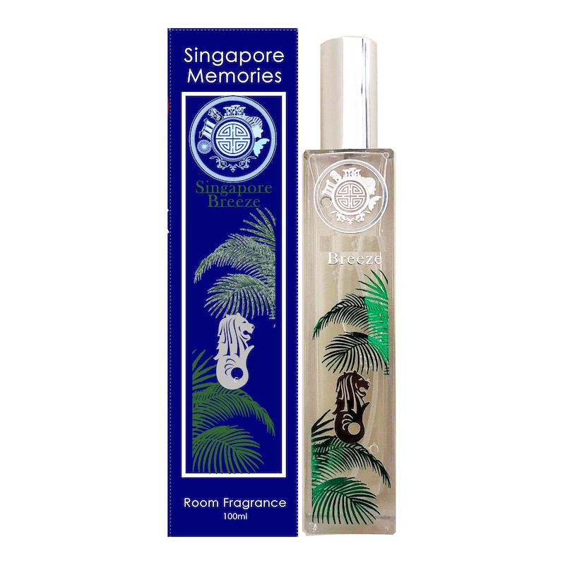 singapore Breeze room fragrance aroma next to a gift box as a blue souvenir paper box with merlion and palm leaves