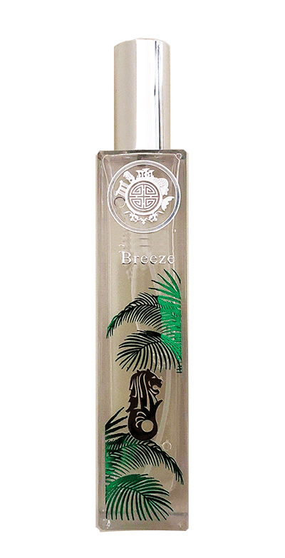 sentosa Breeze scent and roof grangrance crystal bottle with silver cap with circle logo and merlion and palm leaf