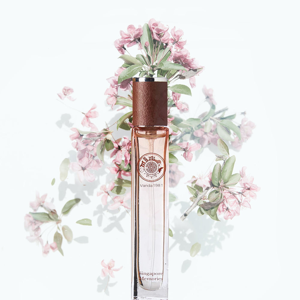 \Vanda 1981 perfume by singapore memories on a white background with orchids and other flowers 