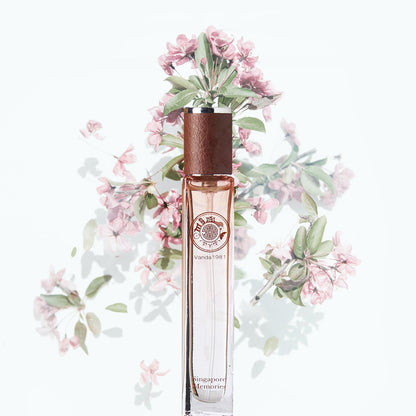 \Vanda 1981 perfume by singapore memories on a white background with orchids and other flowers 